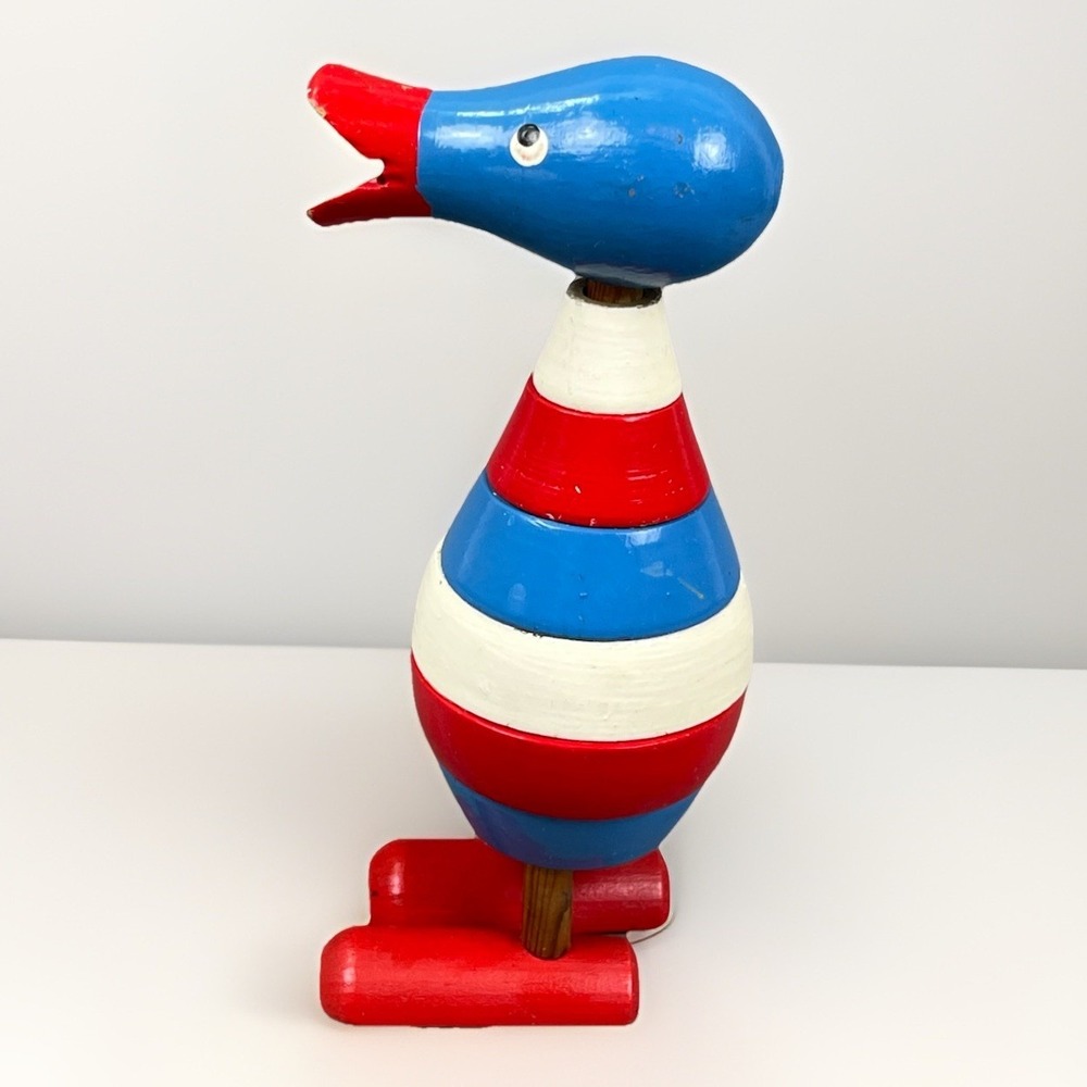 Vintage Danish Wood Toy Duck Stacking Rings Red White Blue, 7.5"‎ Demark